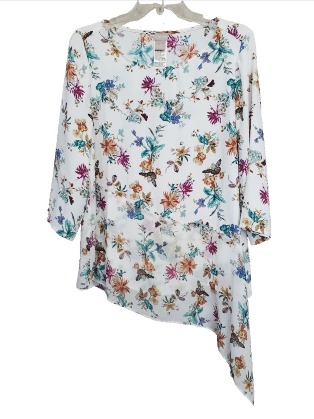 Chico’s Asymmetrical Hem Floral Butterfly Print Tunic